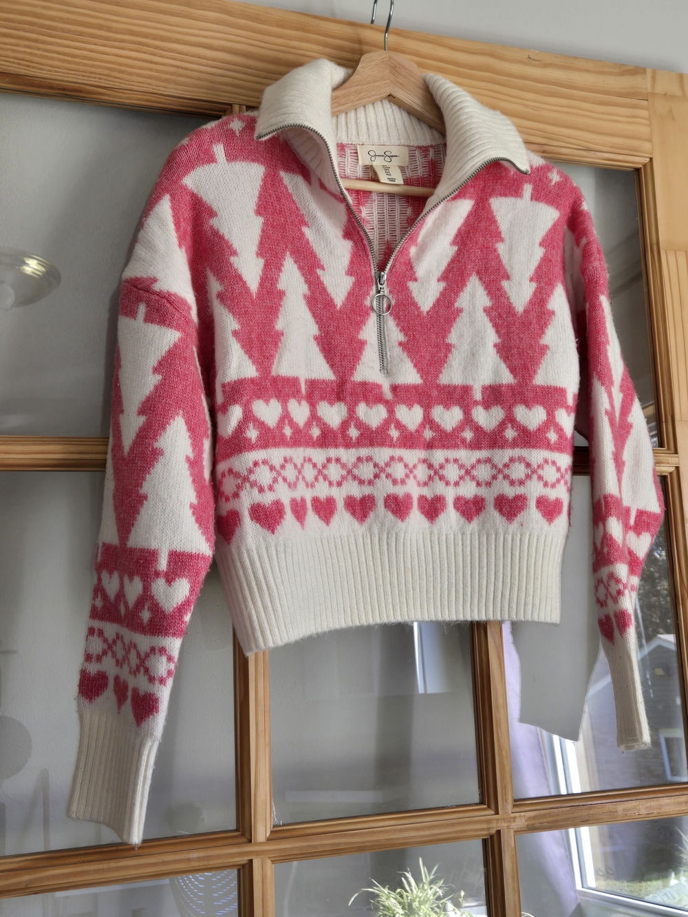 Jessica Simpson Pink & White Half-Zip Crop Heart and Tree Knit Sweater Sm